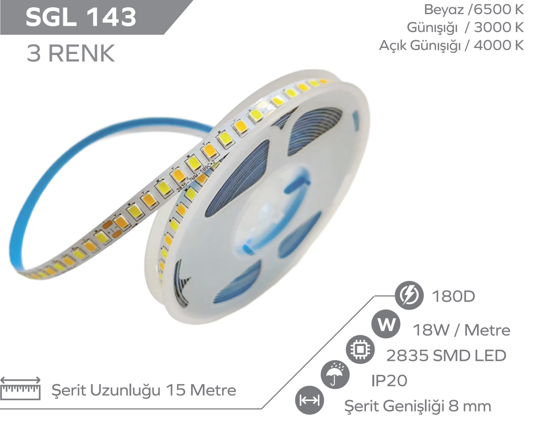 Sabit Akım Şerit Led 3 RENK (15 METRE) 15 METRE