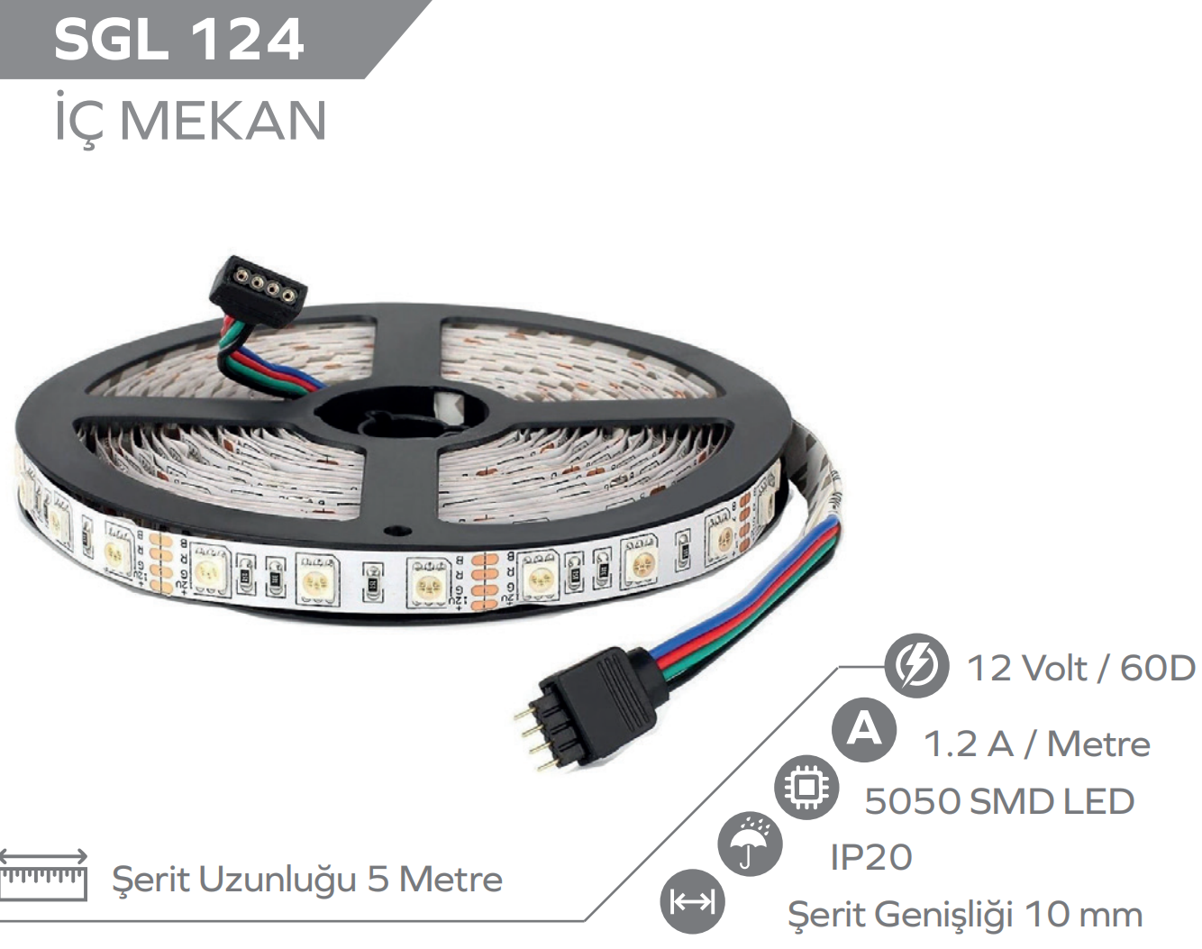 12V Rgb Şerit Led İç Mekan (5 METRE)