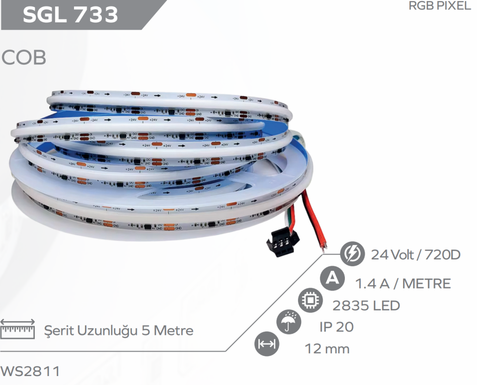 12 Volt WS2811 RGB Pixel Cob Şerit Led 12MM 720 Ledli IP20 5 Metre