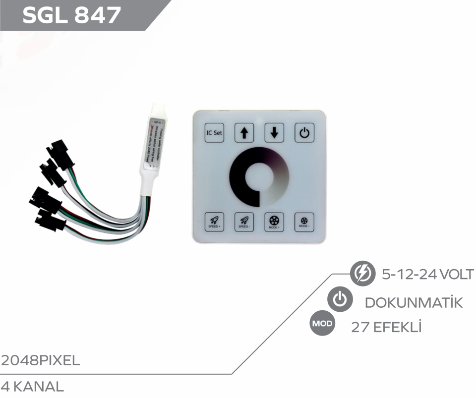 Duvar Tipi Tek Renk Pixel Şerit Kontrol 4 Kanal 12-24 Volt