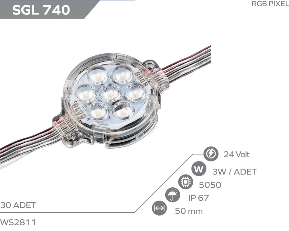 24Volt 50mm Ws2811 Adreslenebilir LunaPark Ledi ARGB Pixel Modül Led(30 Adet)