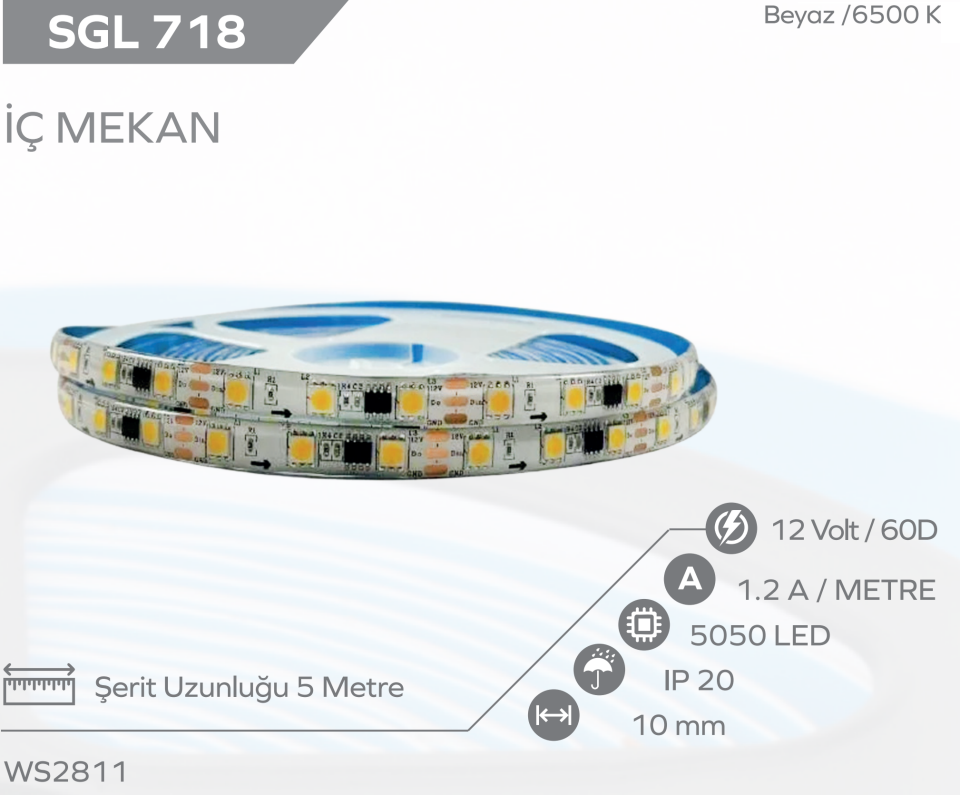 WS2811 Pixel Şerit Led 12 Volt IP20 BEYAZ 5M