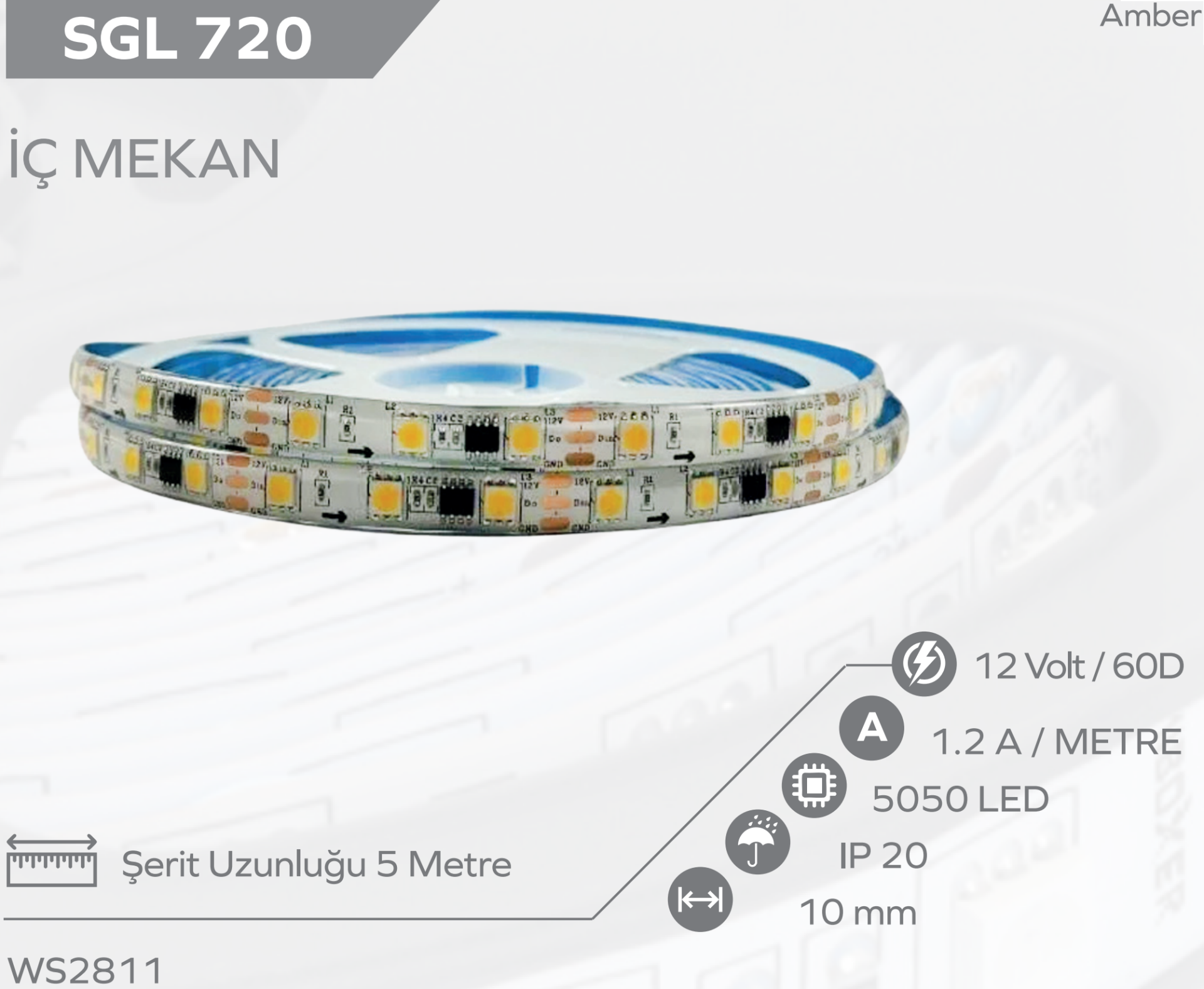 WS2811 Pixel Şerit Led 12 Volt IP20 AMBER 5M