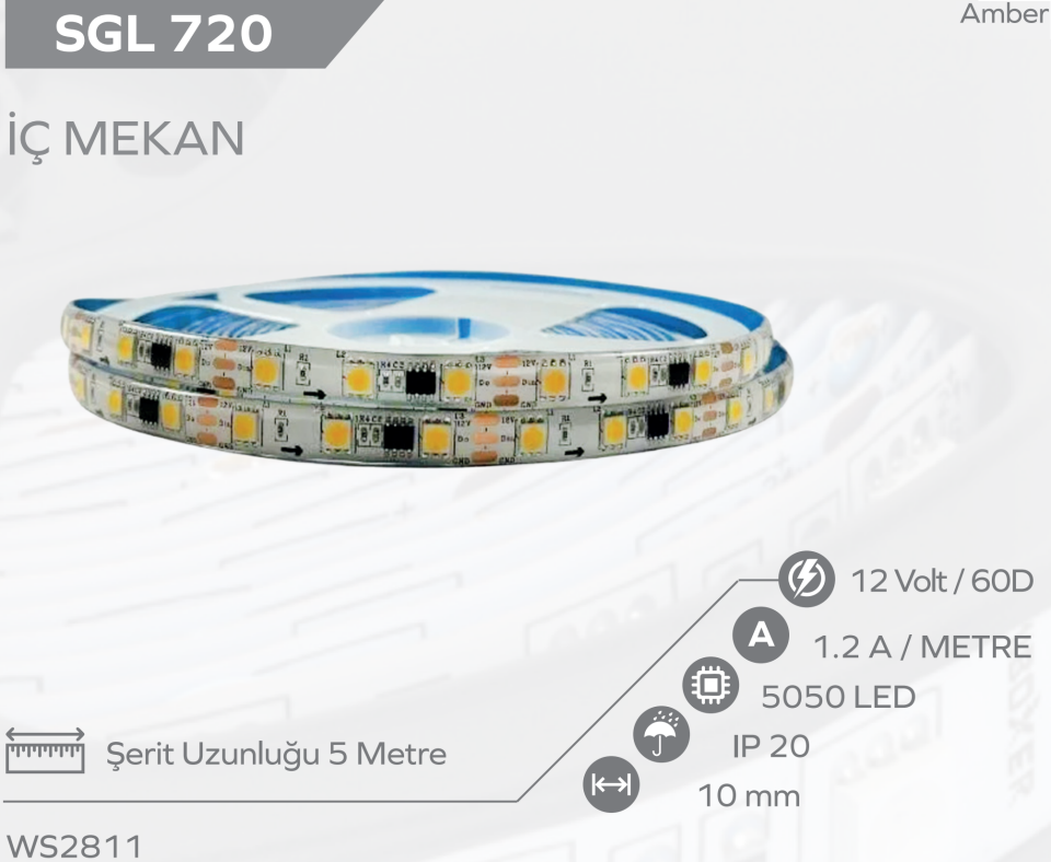 WS2811 Pixel Şerit Led 12 Volt IP20 AMBER 5M