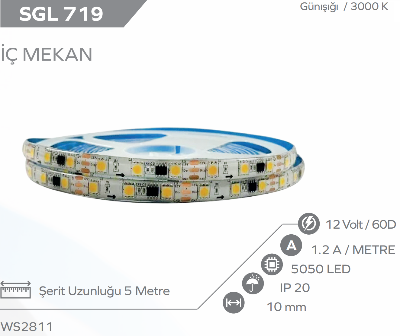WS2811 Pixel Şerit Led 12 Volt IP20 GÜNIŞIĞI 5M