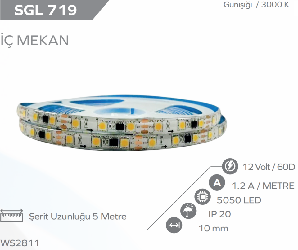 WS2811 Pixel Şerit Led 12 Volt IP20 GÜNIŞIĞI 5M
