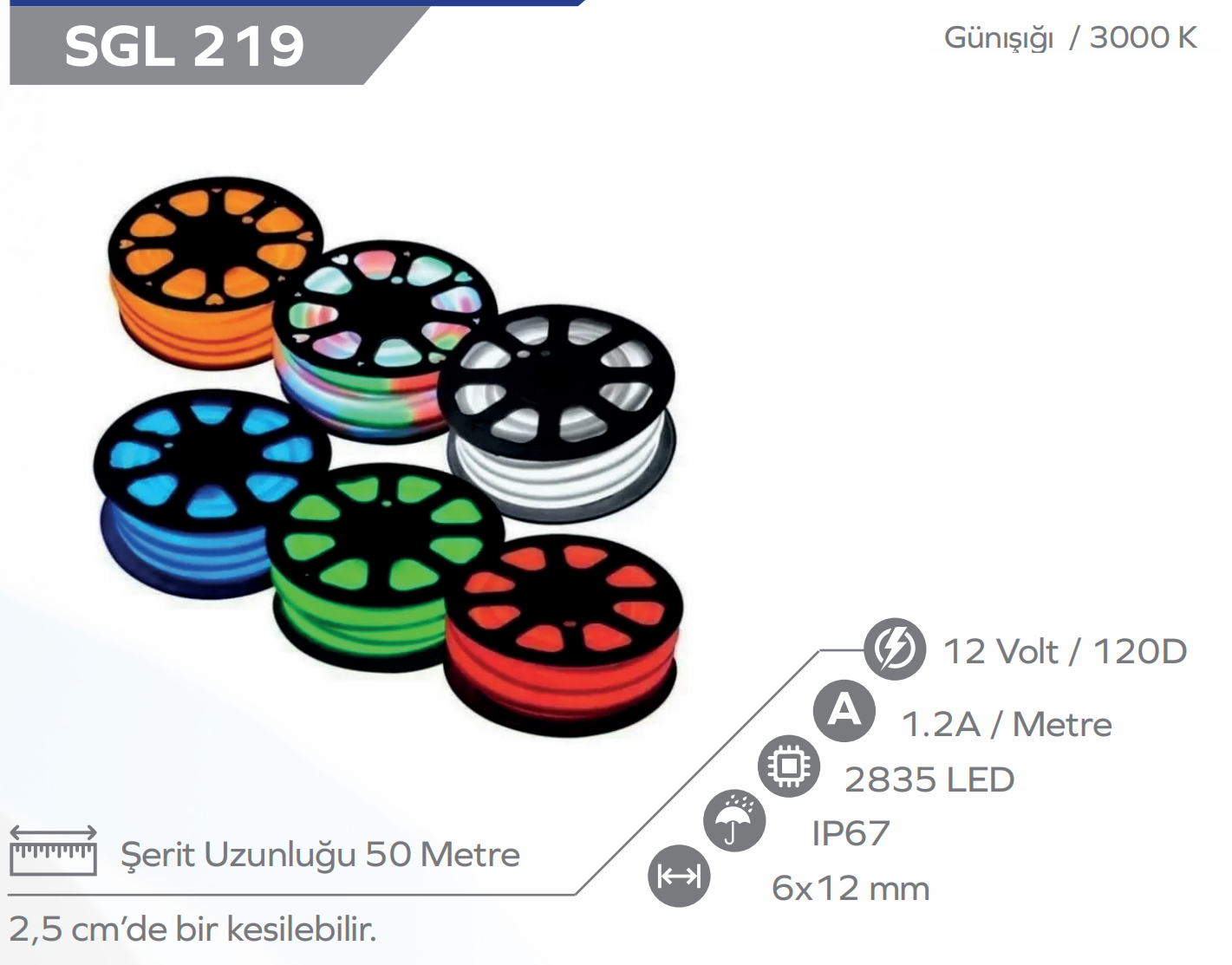 12V 6x12mm Günışığı Neon Led 50m Makara (2.5 cm'de Kesilebilir.)