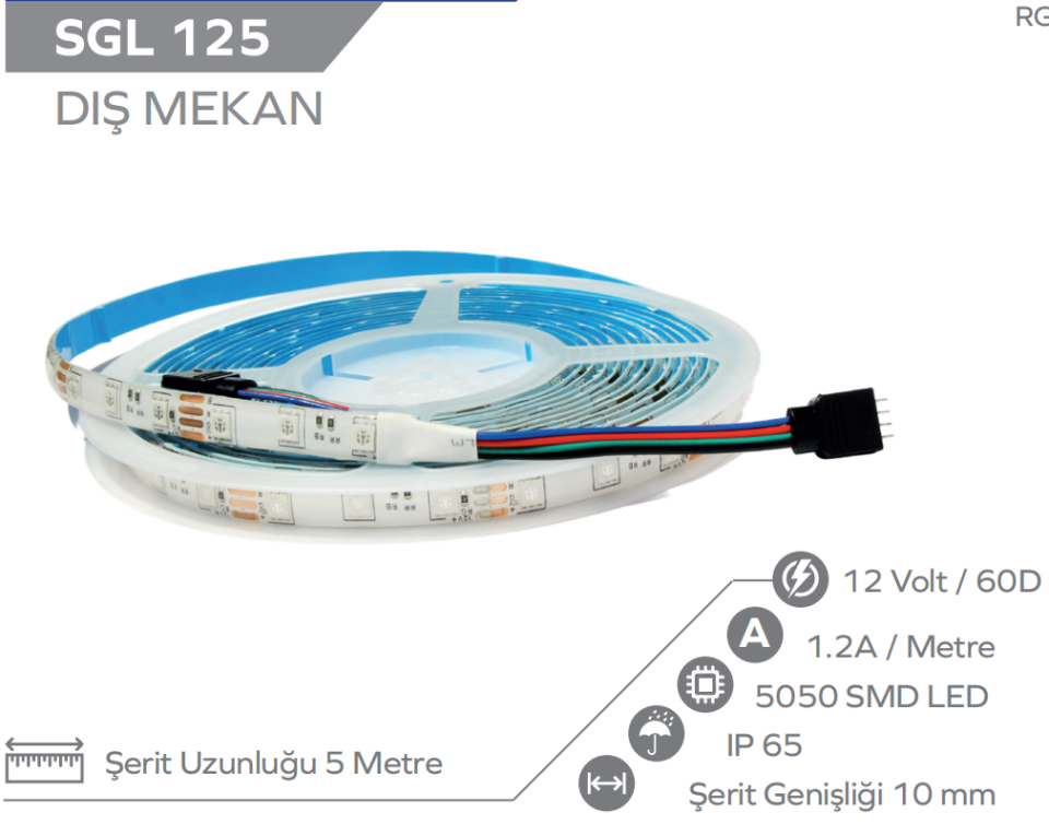 12V 5050 Dış Mekan RGB Şerit Led 5 metre