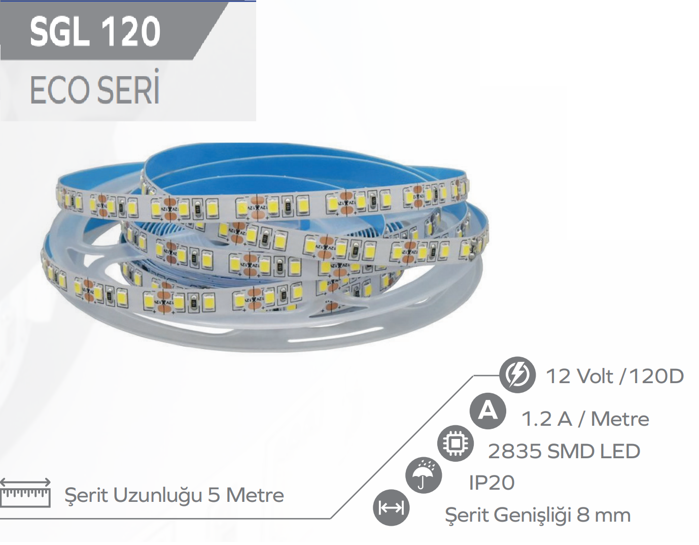 12V 120 Cipli Şerit Led 5 Metre Eko