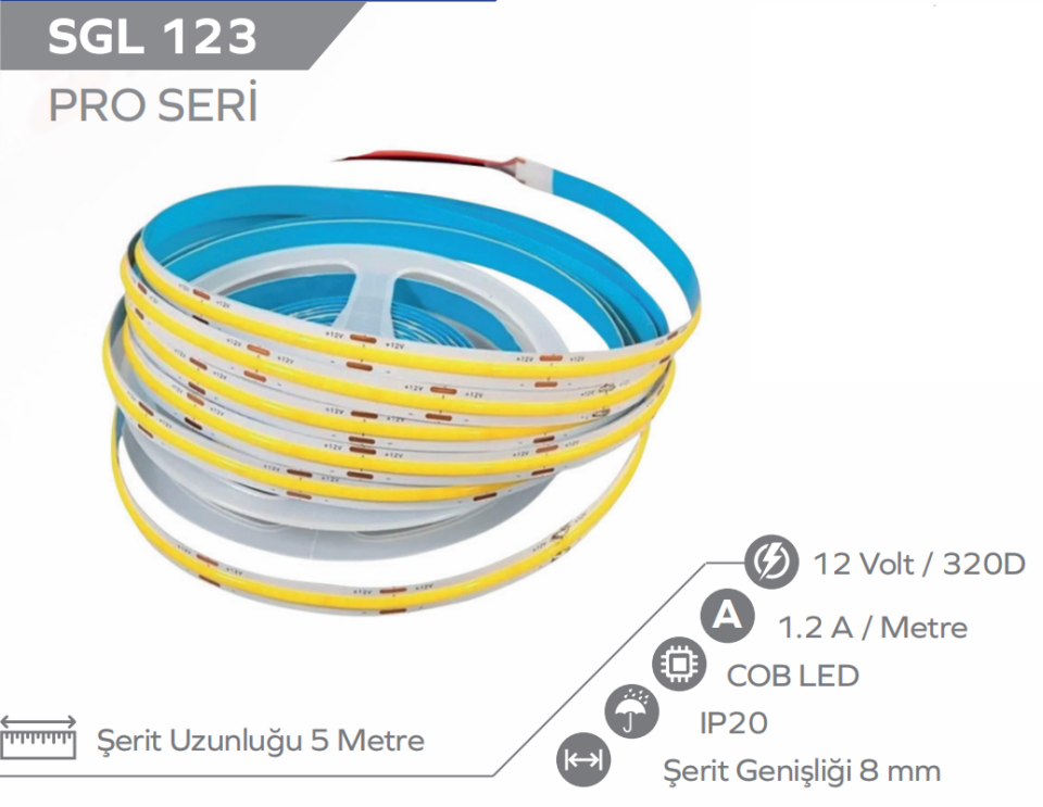 12V 8MM İnce Cob Şerit Led 5 Metre