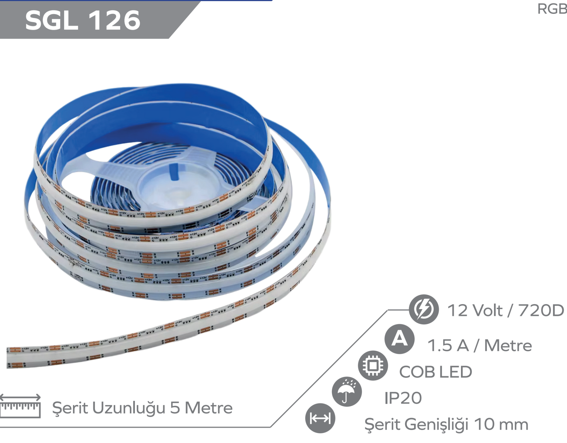 12V 10MM RGB Cob Şerit Led 5 Metre