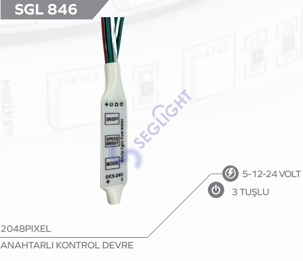 Anahtar Devreli Tek Renk Pixel Şerit Kontrol 12-24 Volt