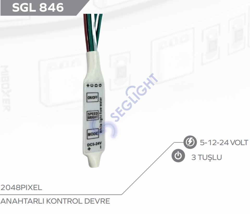 Anahtar Devreli Tek Renk Pixel Şerit Kontrol 12-24 Volt