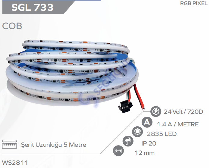 24V 10MM 360 Ledli Pixel Cob Şerit Led RGB IP20 5 Metre