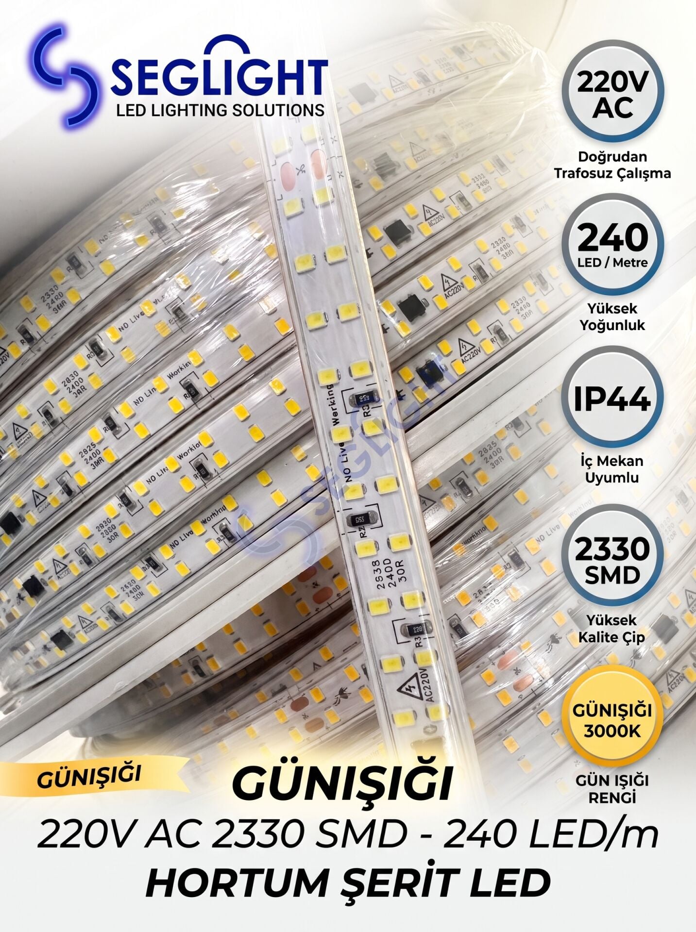 220v Çift Sıra 240 Çipli Şerit Led Günışığı