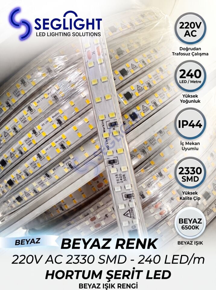 220v Çift Sıra 240 Çipli Şerit Led Beyaz 6500k