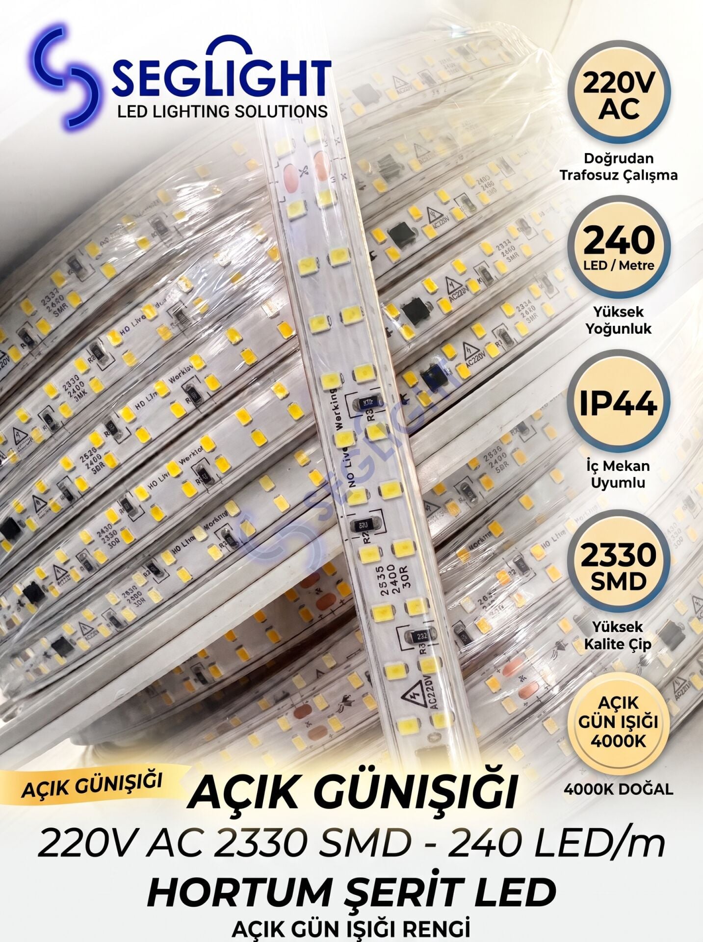 220v Çift Sıra 240 Çipli Şerit Led AçıkGünışığı 4000k
