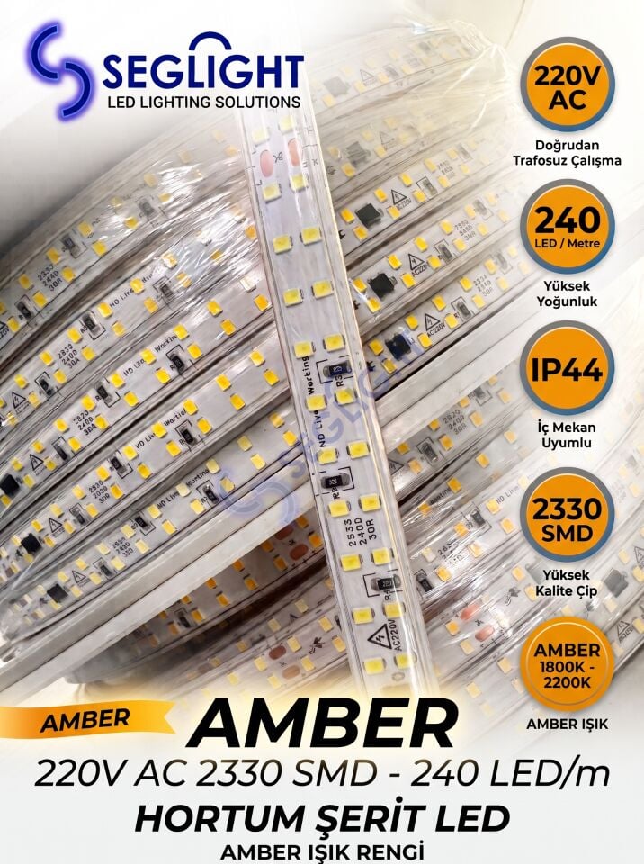 220v Çift Sıra 240 Çipli Şerit Led Amber